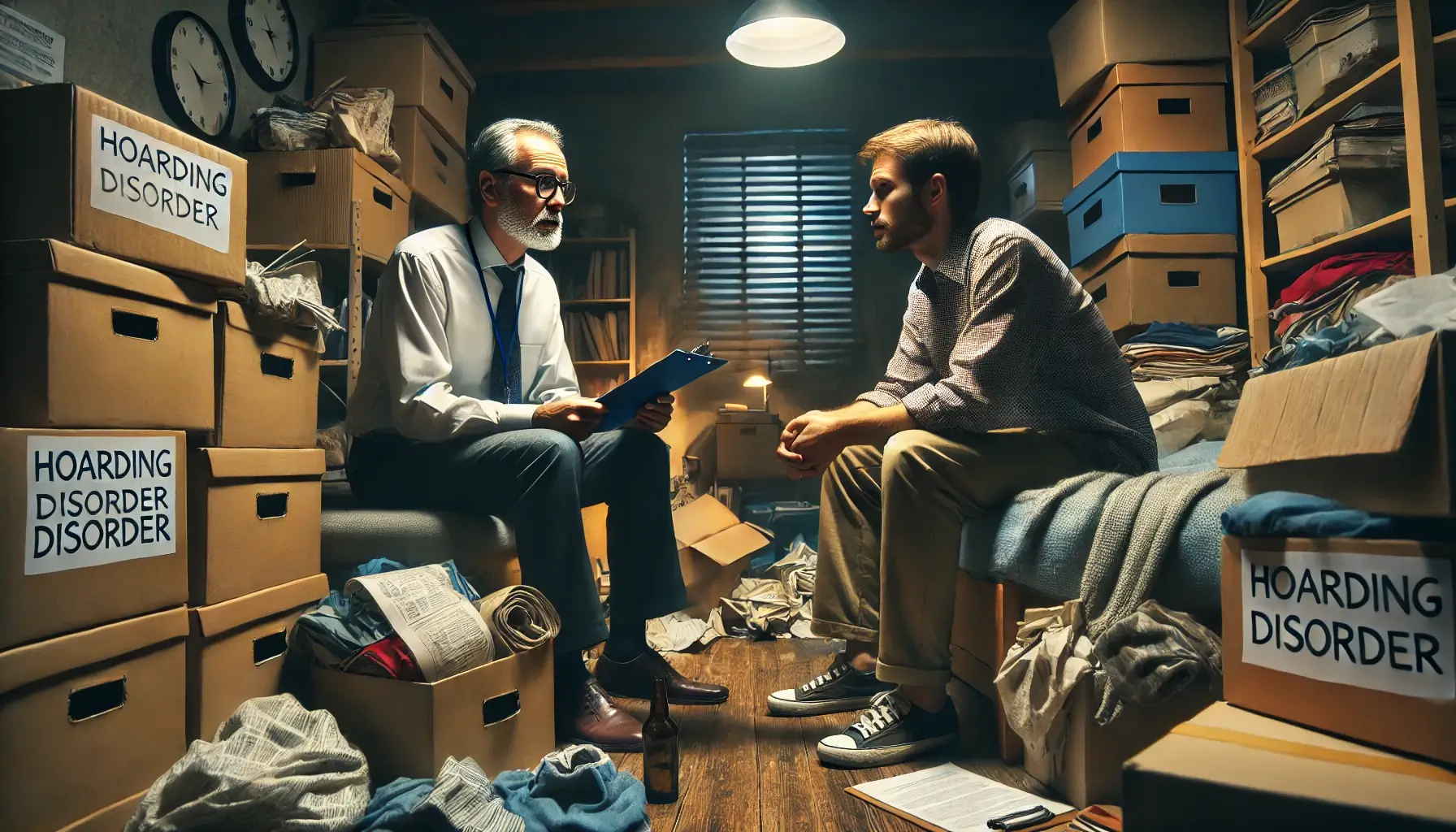 A therapist talking to an overwhelmed individual about how to clean a hoarders house.