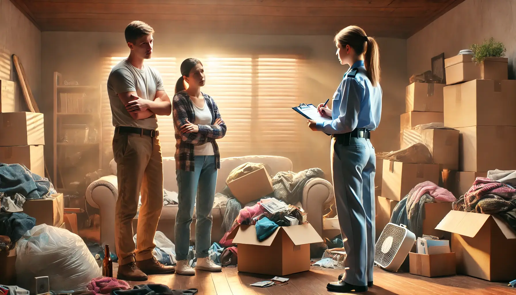 A distressed family standing in a cluttered living room, overwhelmed by the mess, with a professional declutter service worker in uniform discussing with them, holding a clipboard with a checklist. This family is in abvious need of professional hoarding servcies.