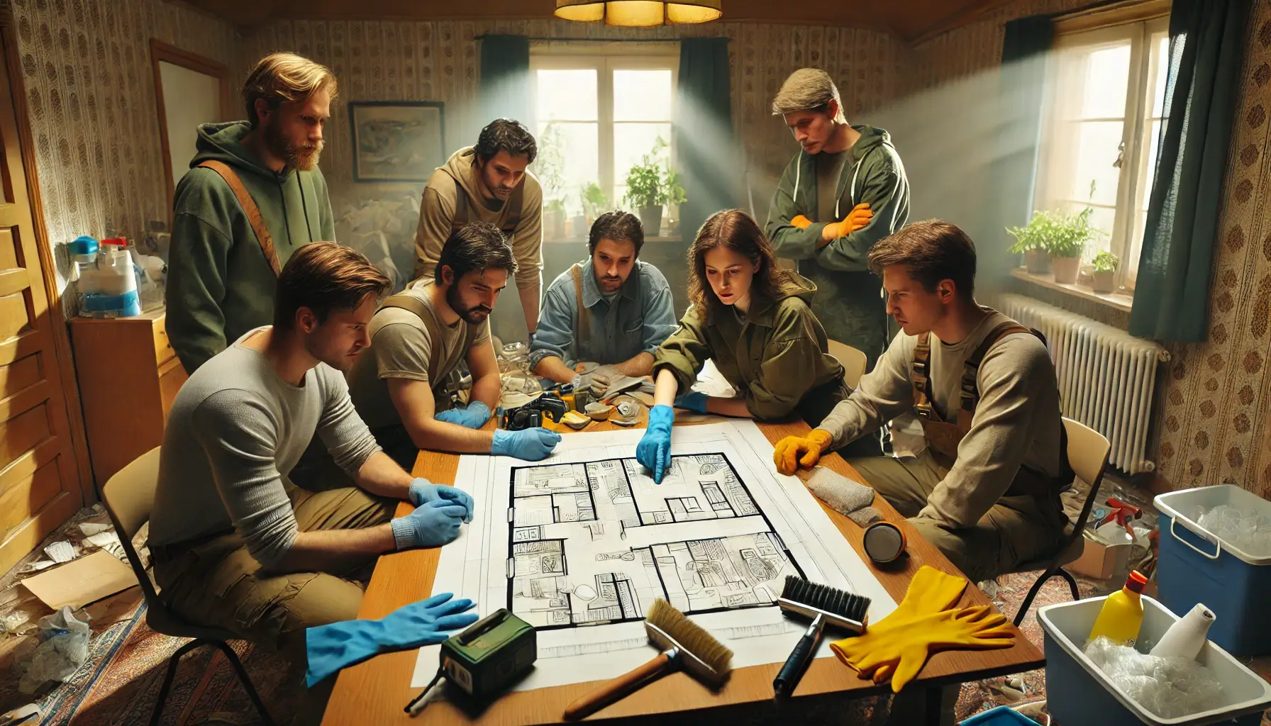 A cleaning team gathered around a table with a floor plan of a hoarder's house, discussing and planning the cleanup. The table is filled with tools, gloves, and cleaning supplies. The room has clutter in the background, but the focus is on the team's strategy session.