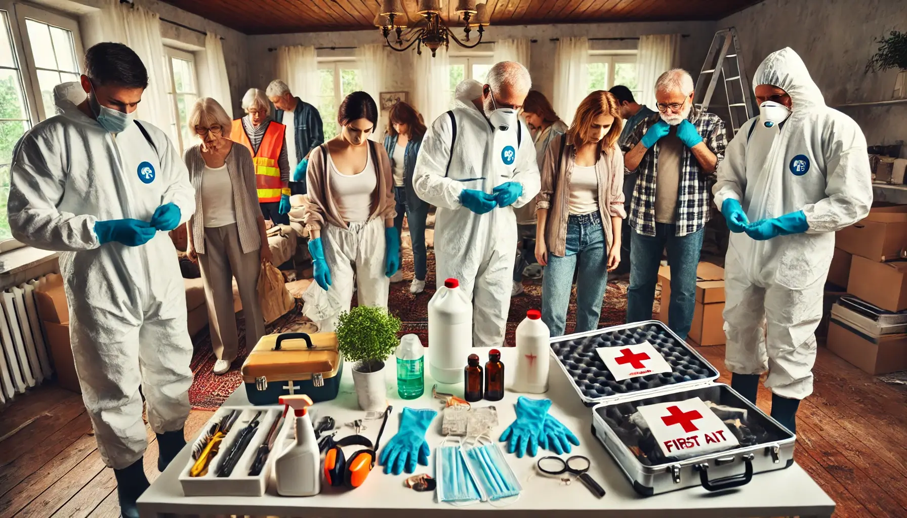 A group, including family members and professional cleaners, putting on protective gear like gloves, masks, and coveralls. They are gathered around a table with cleaning supplies, tools, and a first aid kit in a cluttered room.