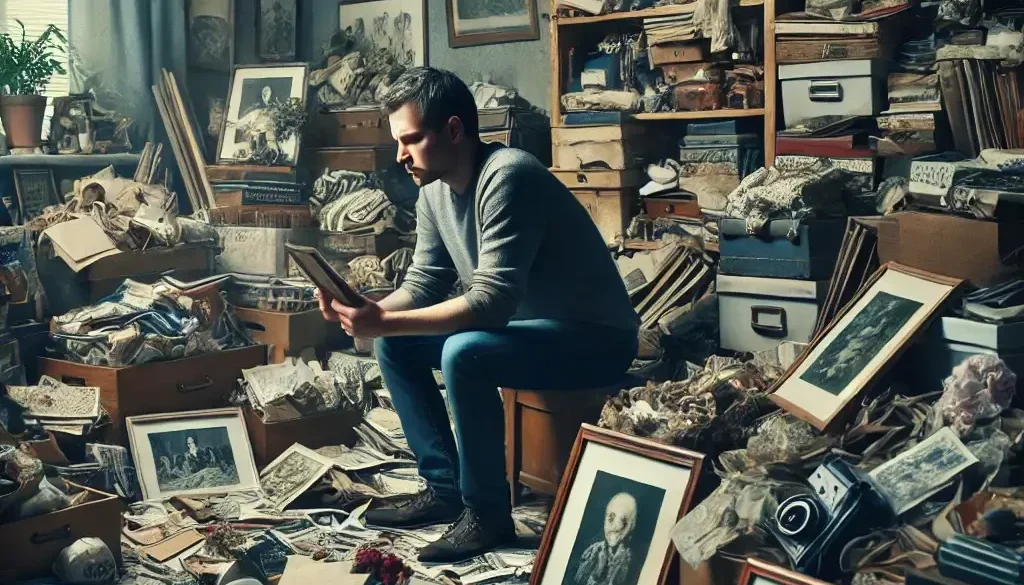 A person holding a treasured item in a cluttered room, illustrating emotional attachment in hoarding disorder. Personal items and memories densely packed.
