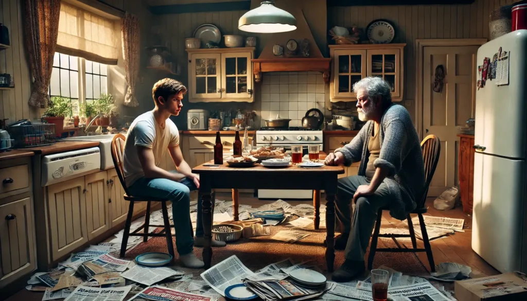 Son angrily confronting his father at the kitchen table of a lightly cluttered hoarder's house. He does not know how to talk to a hoarder respectfully.