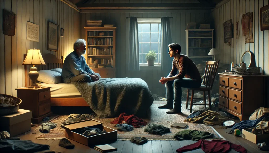 Son sitting on the edge of his father's bed in a lightly cluttered bedroom, showing empathy and compassion in conversation about hoarding.
