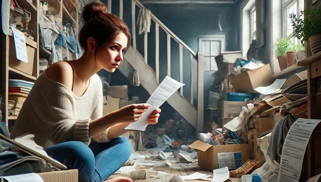 A woman looks sad as she reads a bill in a moderately cluttered home, showing the financial burden and property impact of hoarding with visible but minor damage.