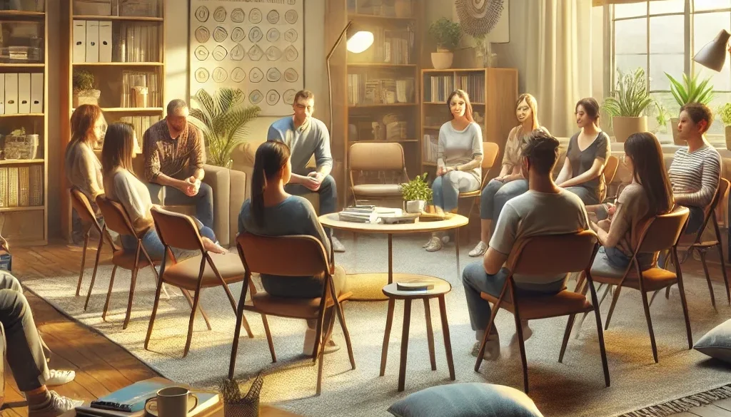 A positive support group meeting for hoarding disorder, with people sharing supportive expressions in a comfortable, well-lit room. The atmosphere is warm and encouraging.