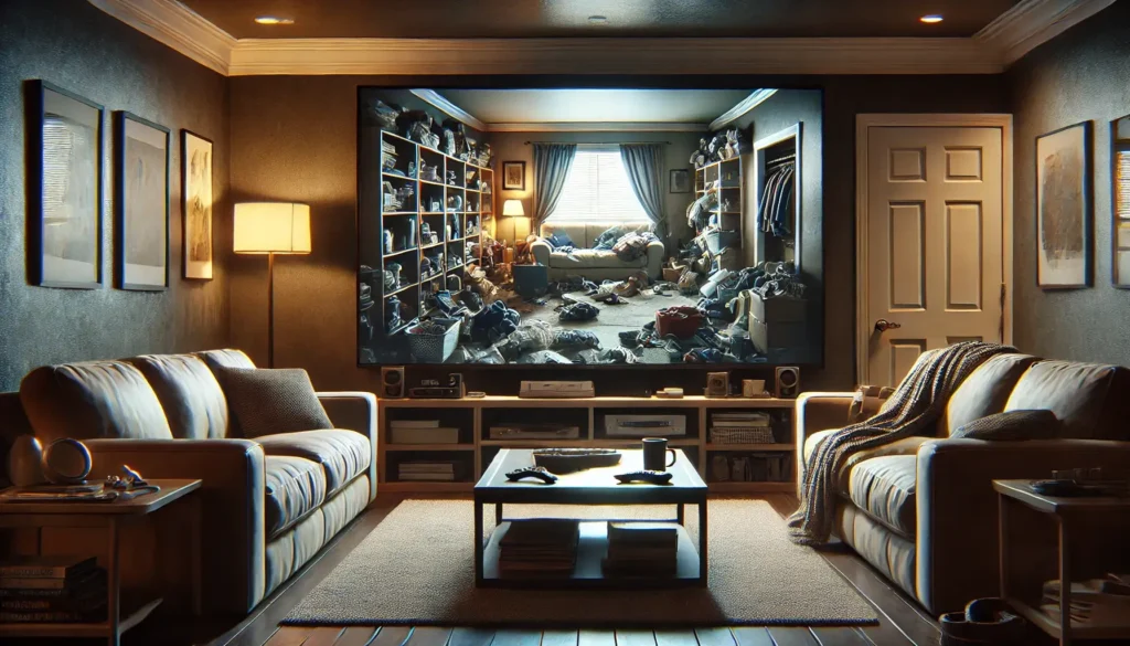 Living room with light mess and disorganization, television showing a hoarder's room, reflecting media's portrayal of hoarding.