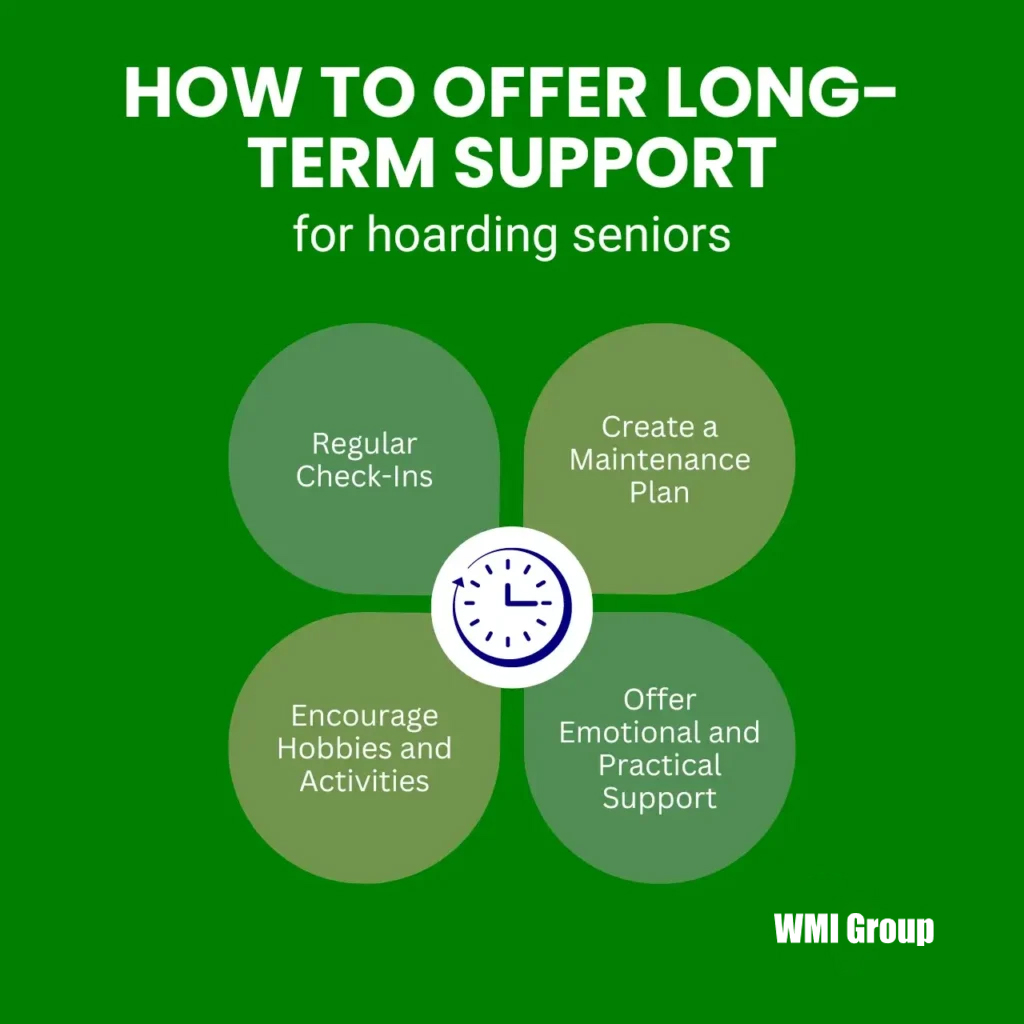How to offer long-term support for hoarding seniors, focused on regular check-ins, creating a maintenance plan, encouraging hobbies, and offering emotional and practical support.