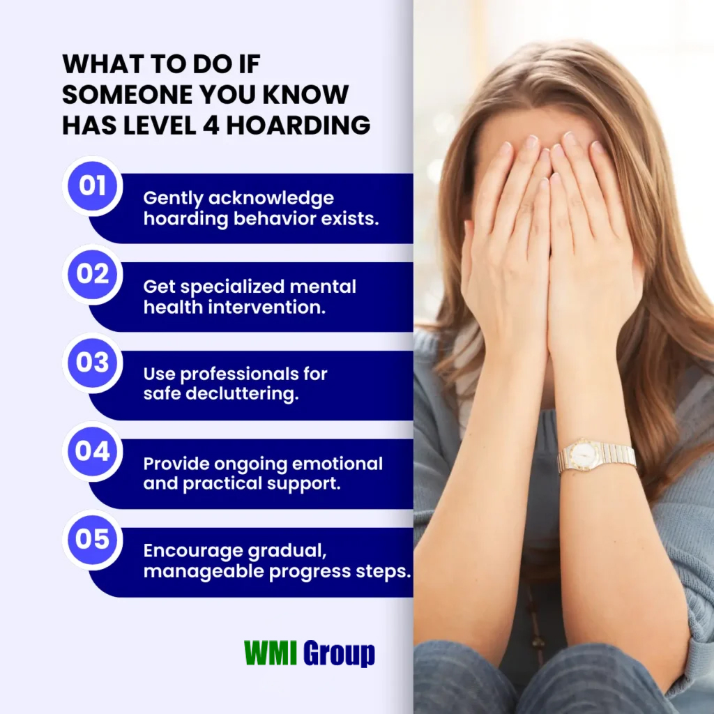 A distressed woman with a list of steps to help someone with level 4 hoarding, including acknowledging the behavior, seeking mental health intervention, using professional cleanup services, providing support, and encouraging gradual progress.